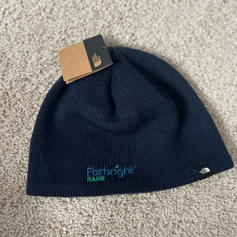 The North Face Bones Recycled Beanie Navy Blue Fleece-Lined Hat Embroidered Logo
